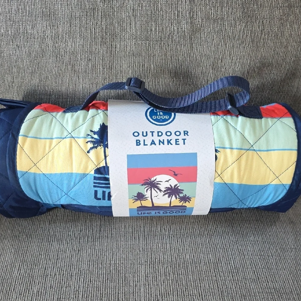 Life Is Good Blue Outdoor Blanket With Palm Trees And‎ Stripes, NWT, 50